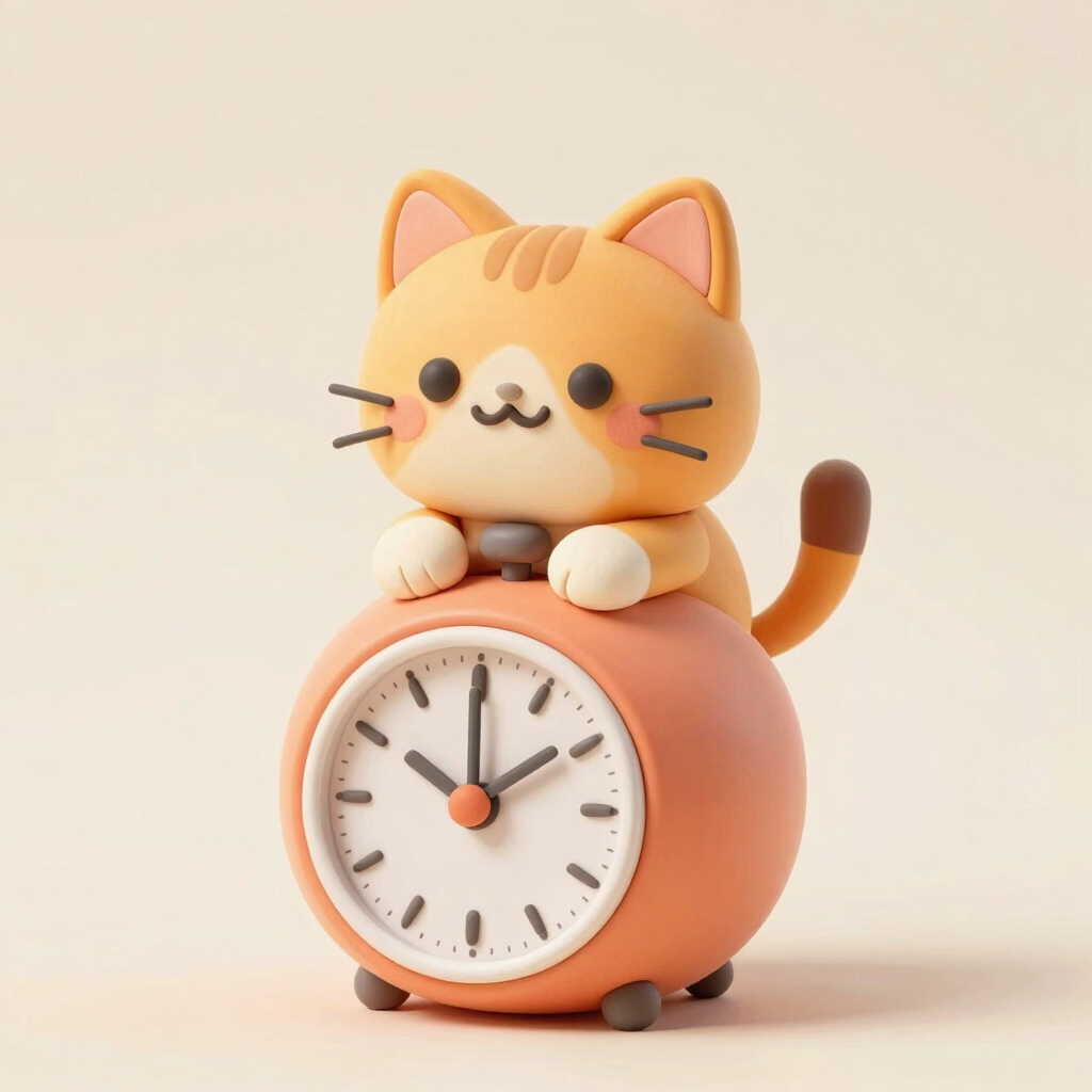 Bé mèo cam đất sét ôm chiếc đồng hồ Pomodoro màu hồng